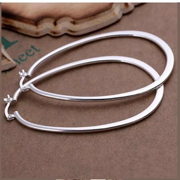 Sterling silver Large Hoop Earrings oval 3” - Picture 3 of 3